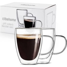 Tilbe Home Çift Cidarlı Bardak Cam Kupa 310 ml Ev Ofis Espresso Kahve Sunum Bardağı Isıya Dayanıklı Kahve Fincanı Borosilikat Kulplu Çay Bardağı