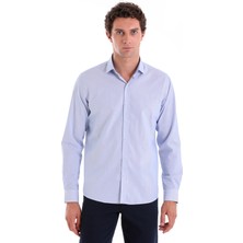Saykı Mavi Ç. Comfort Fit Çizgili 100% Pamuk Açık Italyan Yaka Uzun Kollu Spor Gömlek