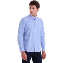 Hatemoğlu Mavi Ç. Comfort Fit Çizgili Pamuklu Slim Yaka Uzun Kollu Spor Gömlek