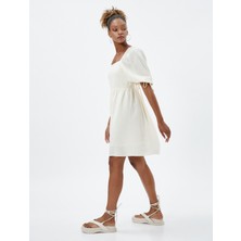 Koton Keten Midi Elbise Kısa Balon Kollu Arkası Pencere Detaylı Astarlı