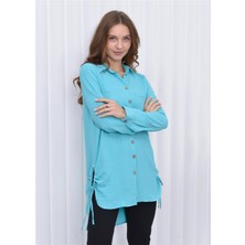 Nuseel Kadın Yandan Ip Detaylı Aerobin Tunik Gömlek Turkuaz