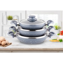 Asal Home Çift Kulp Kapaklı Gri Granit Omlet/Sahan Tava Seti 3'lü 18-20-22 cm