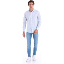 Saykı Mavi B Slim Fit Baskılı 100% Pamuk Slim Yaka Uzun Kollu Spor Gömlek