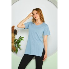 BRAKO TEKSTİL V Yaka Düz Kısa Kollu Yırtmaçlı Basic Kadın Tişört