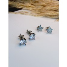 925 Ayar Gümüş Zirkon Taşlı Yıldız Tek Taşlı Çivili Trend Kombin Kadın Küpe Yılbaşı Yeni Yıl Hediye