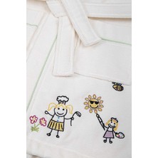 Ecocotton Carnaval Unisex Çocuk Bornoz %100 Organik Pamuk Nakışlı Krem