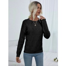 AQE FASHION Saç Örgülü Desenli Bisiklet Yaka Siyah Triko Kazak