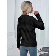 AQE FASHION Saç Örgülü Desenli Bisiklet Yaka Siyah Triko Kazak