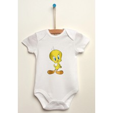 Puppetzzz Tweety Baskılı Organik Pamuklu Unisex Beyaz Body Zıbın Çıtçıtlı