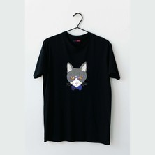 Gözlüklü Mavi Papyonlu Kedi Tasarım Baskılı Erkek Tshirt