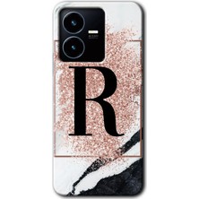 Gramaphone Vivo Y35S Kılıf Hd Desen Baskılı Arka Kapak - Pembe Mermer Desenli R Harfi