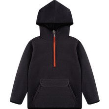 Çocuk Polar Yarım Fermuarlı Kapşonlu Kanguru Cep Sweatshirt Füme Unisex