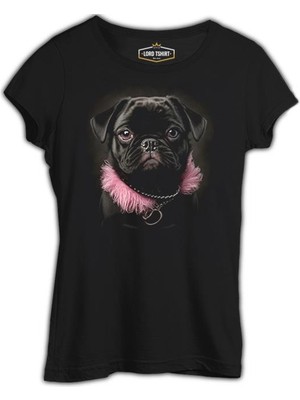 Lord T-Shirt Dog Wearing Pink Fur Siyah Kadın Tshirt