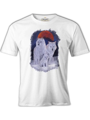 Lord T-Shirt A Wolf Family In Front Of A Red Moon Scene Beyaz Erkek Tshirt