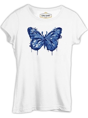 Lord T-Shirt Beautiful Blue Butterfly Beyaz Kadın Tshirt