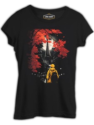Lord T-Shirt Girl With Yellow Coat Watching Eiffel Tower Siyah Kadın Tshirt
