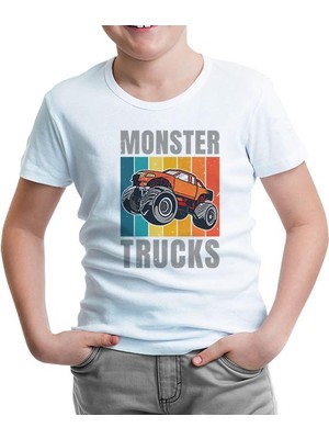 Lord T-Shirt Monster Trucks Wit Retro Background Beyaz Çocuk Tshirt