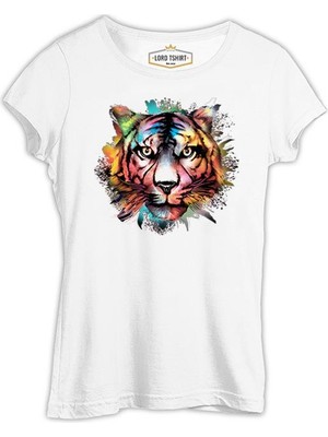 Lord T-Shirt Colorful Tiger Head Beyaz Kadın Tshirt