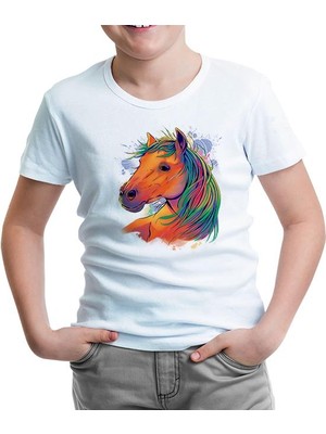 Horse With Colorful Hair Beyaz Çocuk Tshirt