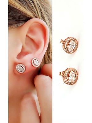 Ose Shop Swarovski Taşlı 925AYAR Gümüş Üzerine Rose Altın Kaplama Oval Tek Taş Küpe