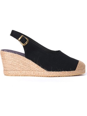 Star Tombis Siyah Arkadan Bantlı Topuğu Açık Burnu Hasırlı Keten Espadril Dolgu Topuk