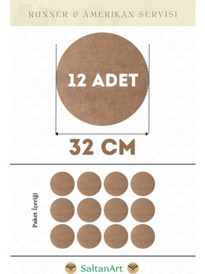 SaltanArt HM106 32 cm Çap 12 Adet Supla Amerikan Servis Runner Mdf Drolit Magnet Altı Ahşap 3 mm (2,7 Mm) Kalınlık