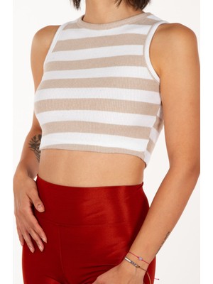 Mubiano Çizgili Renk Bloklu Kahve Triko Crop Bluz