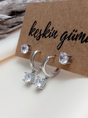 Keskin Gümüş 925 Ayar Gümüş Ikili Sallantılı  Zirkon Tek Taşlı Küpe