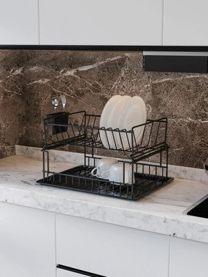 Suntel Banyo ve Mutfak Aksesuarları Suntel 3 Parça İki Katlı Modüler Tabaklık Bulaşıklık Mat Siyah Plastik ile Mutfak Düzenleyici
