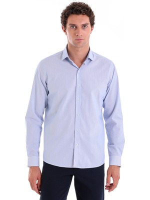 Saykı Mavi Ç. Comfort Fit Çizgili 100% Pamuk Açık Italyan Yaka Uzun Kollu Spor Gömlek