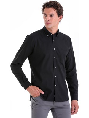 Saykı Siyah Comfort Fit Düz 100% Pamuk Düğmeli Yaka Uzun Kollu Oxford Gömlek