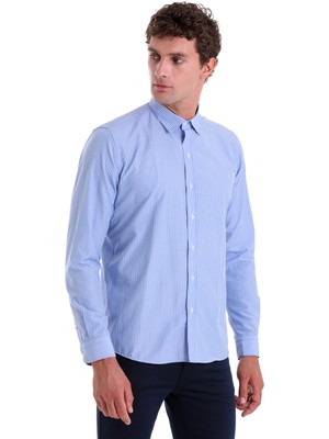 Hatemoğlu Mavi Ç. Comfort Fit Çizgili Pamuklu Slim Yaka Uzun Kollu Spor Gömlek