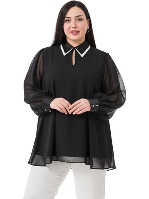 Disentis Modest Büyük Beden Yakası Çift Kat Şifon Astarlı Siyah Bluz