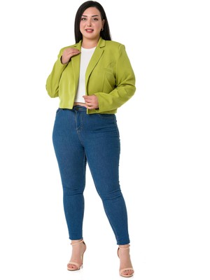 Disentis Modest Büyük Beden Süs Cepli Vatkalı Astarsız Kısa Fıstık Yeşili Ceket