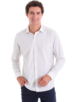 Saykı Bej B. Slim Fit Baskılı 100% Pamuk Slim Yaka Uzun Kollu Spor Gömlek