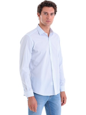 Saykı Mavi B Slim Fit Baskılı 100% Pamuk Slim Yaka Uzun Kollu Spor Gömlek