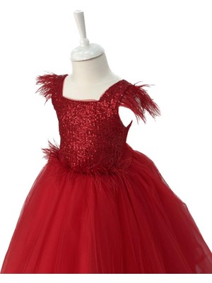 Butik Happy Kids Kız Çocuk Abiye Kırmızı Kabarık Gelinlik Prenses Elbisesi
