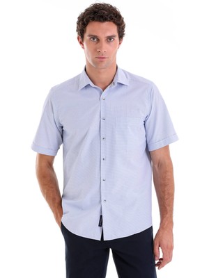Hatemoğlu Mavi K. Regular Fit Kareli Pamuklu Slim Yaka Kısa Kol Klasik Gömlek