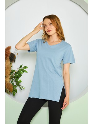 BRAKO TEKSTİL V Yaka Düz Kısa Kollu Yırtmaçlı Basic Kadın Tişört