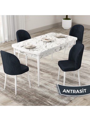 Canisa Concept Roe Serisi Açılabilir 80X132 Beyaz Mermer Desen Mutfak Masası Takımı ve 4 Sandalye