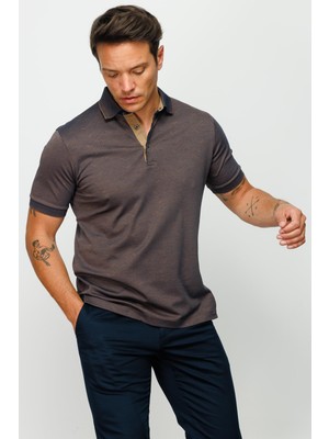 Desen Triko Erkek Polo Yaka Jakarlı Düğmeli Cepli T-Shirt Kahve