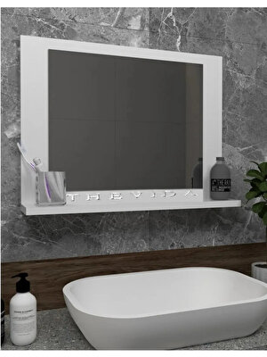 Mira Ahşap Mirapet Miraahşap Beyaz Raflı Banyo Aynası - Banyo Dolabı - Ofis Bahçe Wc Lavabo Aynası 60 x 45Cm