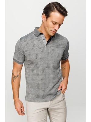 Desen Triko Erkek Polo Yaka Jakarlı Kısa Kollu T-Shirt Siyah