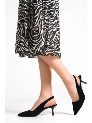 Cianna Önü Kapalı Arkası Açık Lastikli Klasik Topuklu Süet Siyah Ayakkabı