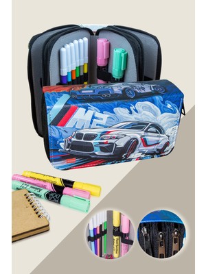 OneSize Kalem Kutusu Arabalar Temalı Orginazer Üç Bölmeli Vegan Deri (Kalemlik)