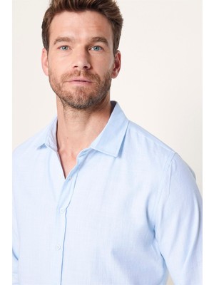 Tudors Slim Fit Pamuklu Keten Düz Yazlık Erkek Mavi Gömlek