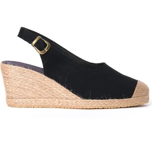 Star Tombis Siyah Arkadan Bantlı Topuğu Açık Burnu Hasırlı Keten Espadril Dolgu Topuk