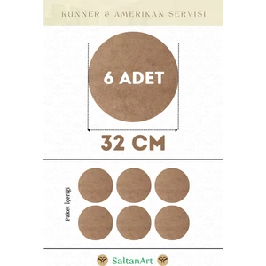 Saltan Art HM056 32 cm Çap 6 Adet Supla Amerikan Servis Runner Mdf Drolit Magnet Altı Ahşap 3 mm (2,7 Mm) Kalınlık