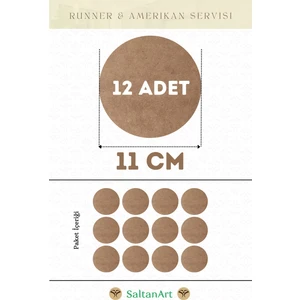 Saltan Art HM085 11 cm Çap 12 Adet Supla Amerikan Servis Runner Mdf Drolit Magnet Altı Ahşap 3 mm (2,7 Mm) Kalınlık