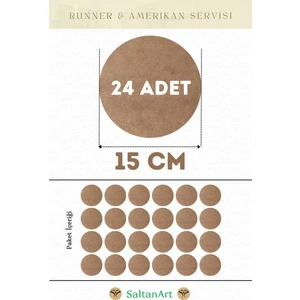 Saltan Art HM189 15 cm Çap 24 Adet Supla Amerikan Servis Runner Mdf Drolit Magnet Altı Ahşap 3 mm (2,7 Mm) Kalınlık